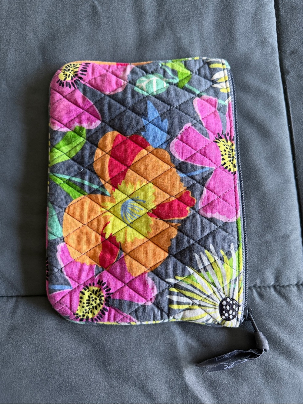 Quilted Floral Zip Pouch - Gray Background with Bright Flowers
